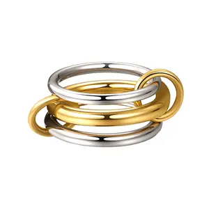 Stackable Rings for Women: Ladies 14K Gold Two-Toned Interlocked Linked Stainless Steel Band Set Size 6-9