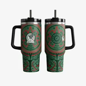 Mexico Soccer Inspired 40oz Tumbler, Football Fan Mug with Handle and Straw, Insulated Travel Cup Gift Idea