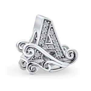 Sterling Silver Fancy Scroll CZ Sparkle Block Letter A-Z Alphabet Initial Charm Bead for Bracelet