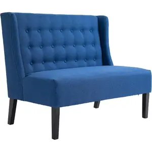 Wingback Double Sofa Linen Fabric Upholstery Button Tufted Loveseat Armless Couch Modern Contemporary Living Room Settee with Wood Legs, Blue
