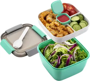 52 oz Insulated Lunch Box Double Layer Portable 3 Compartments Lunch Container with Dressing Container Leakproof Easy Clean for Salad Ingredients Snacks Men Women Work Office School Dorms Students Picnic