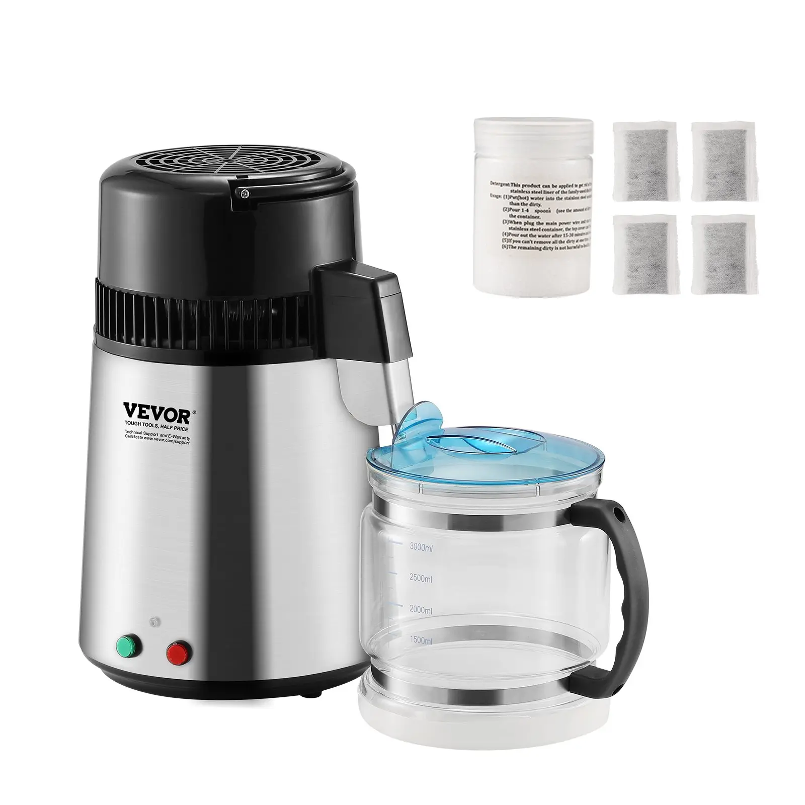 VEVOR Water Distiller, 4L 1.05 Gallon Pure Water Purifier Filter For Home Countertop, 750W Distilled Water Maker, Stainless Steel Interior Distiller Water Making Machine to Make Clean Water, Silvery