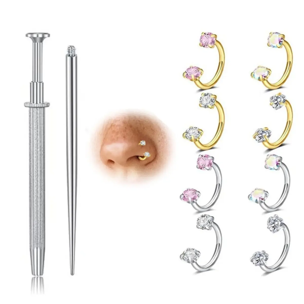 8pcs Horseshoe Nose Ring set for Women Double Gem Horse Shoe Nose Ring Hoop Surgical Steel Silver Gold Cartilage Helix Tragus Earring Hoops Labret Lip Piercing Jewelry Small Septum Rings