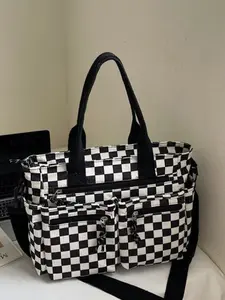 Checkered pattern corduroy large capacity multi pocket mommy bag with simple design, portable crossbody bag for work and daily use, tote bag, Casual Trendy Bag