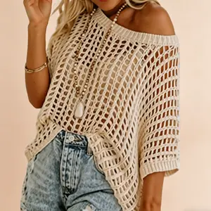 Womens Summer Scoop Neck Short Sleeve Sweater Casual Crochet Hollow Out Knit Tops Pullover Shirts Beach Coverup