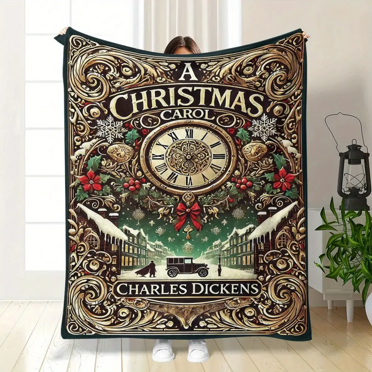 A Christmas Carol Flannel Blanket - Charles Dickens Inspired Victorian Design with Scrooge,  Soft All-Season Throw for Bed, Couch, Office - Literary Gift for Book Lovers & Dickens Fans -  Use for Christmas & Everyday Comfort, Christmas Blankets