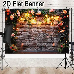 2D flat banner, 1pcRustic Brick Wall Floral Backdrop with String Lights, Party Wedding Decor, Pink Peach Red Roses & Greenery Arrangement