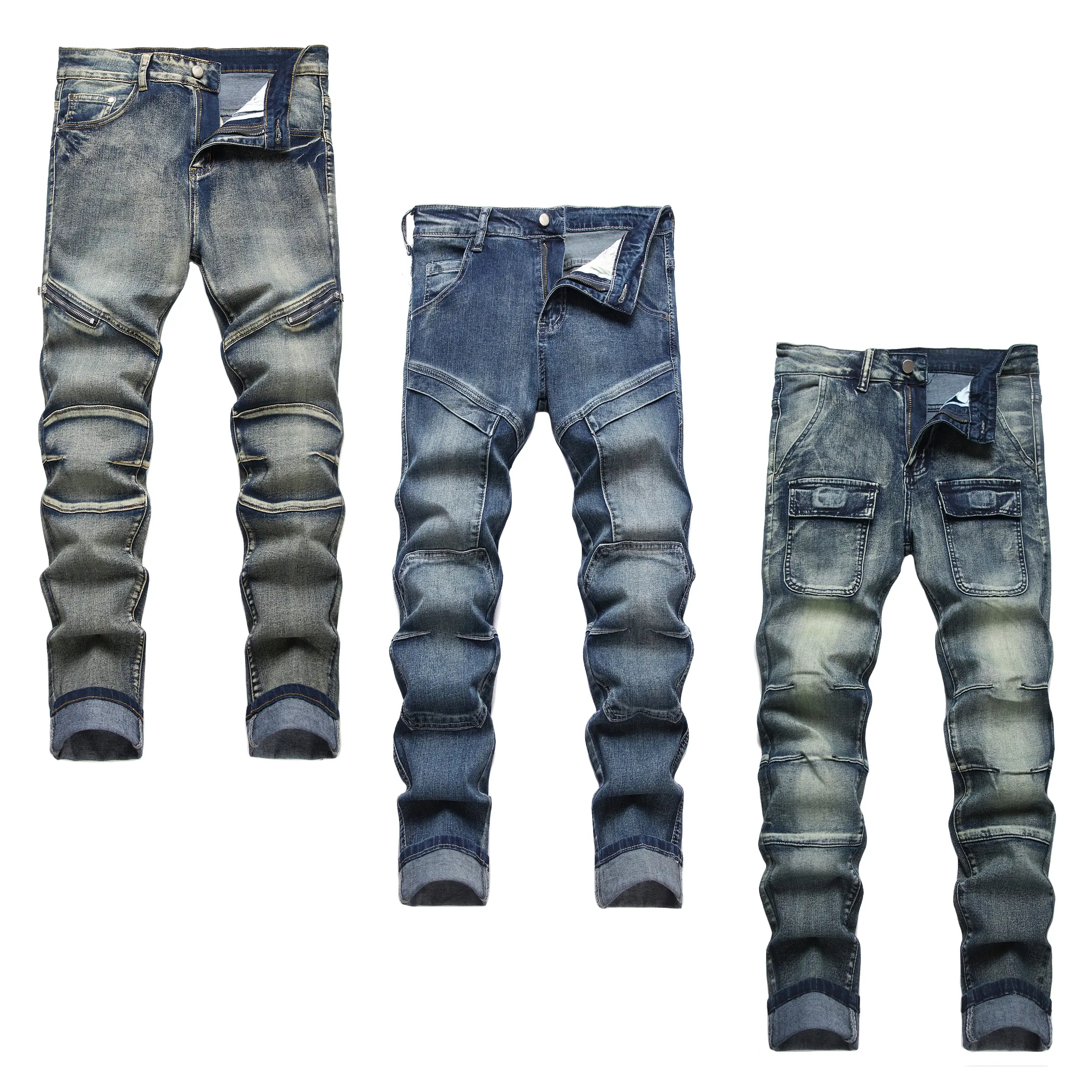 JUNBAOSS Men's Multi Pack Biker Zipper Deco Jeans, Mens Slim Fit Stretch Jeans Ripped Skinny Jeans for Men, Casual Fashion Straight Leg Comfort Flex Waist Cargo Denim Pants, Menswear Trouser Streetwear Jean backtoschool