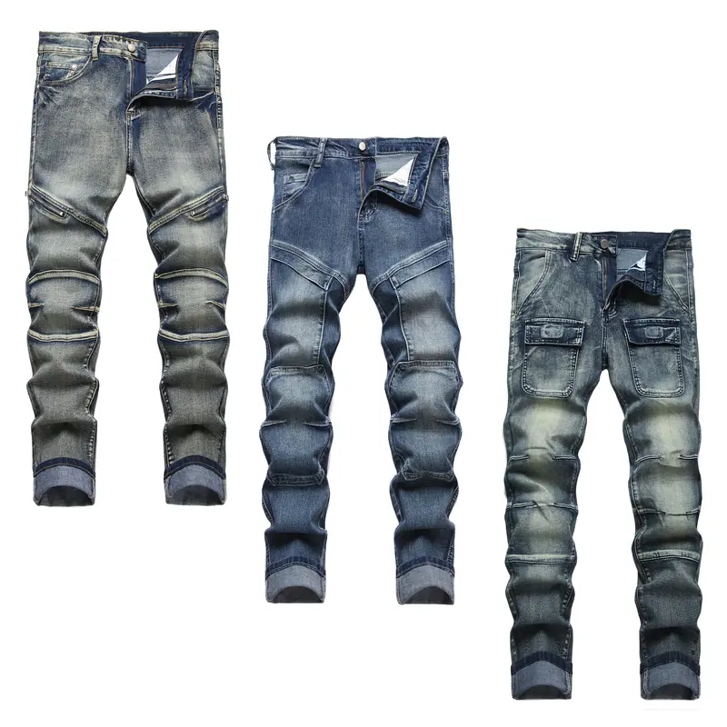 JUNBAOSS Men's Multi Pack Biker Zipper Deco Jeans, Mens Slim Fit Stretch Jeans Ripped Skinny Jeans for Men, Casual Fashion Straight Leg Comfort Flex Waist Cargo Denim Pants, Menswear Trouser Streetwear Jean backtoschool