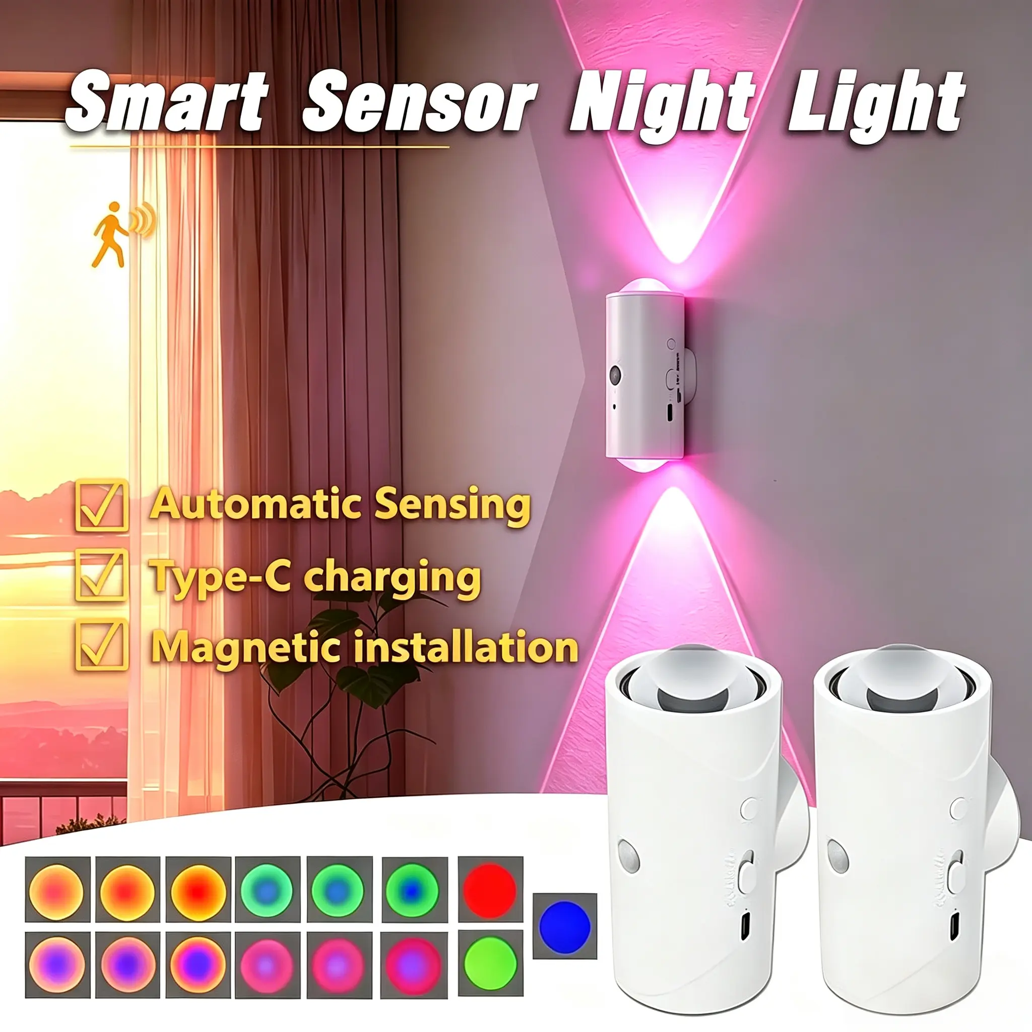 Rechargeable Motion Sensor LED Wall Night Light - Remote Control, 7RGB Color Changing, Adjustable Angle Magnetic Stick-On, Large Capacity Long Standby Battery Auto On/Off, Light Up Your Space, Ideal for Closet, Hallway Festive Home Decor