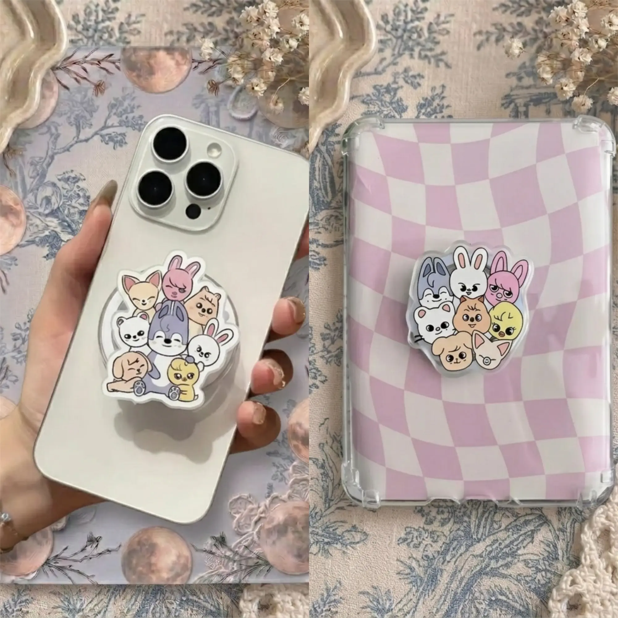 Aesthetic Bow Phone Grip Set – Cute Pastel Checkered Ribbon Pop Socket, Trendy Gingham Bow Phone Holder, Collapsible Accessory for Smartphones