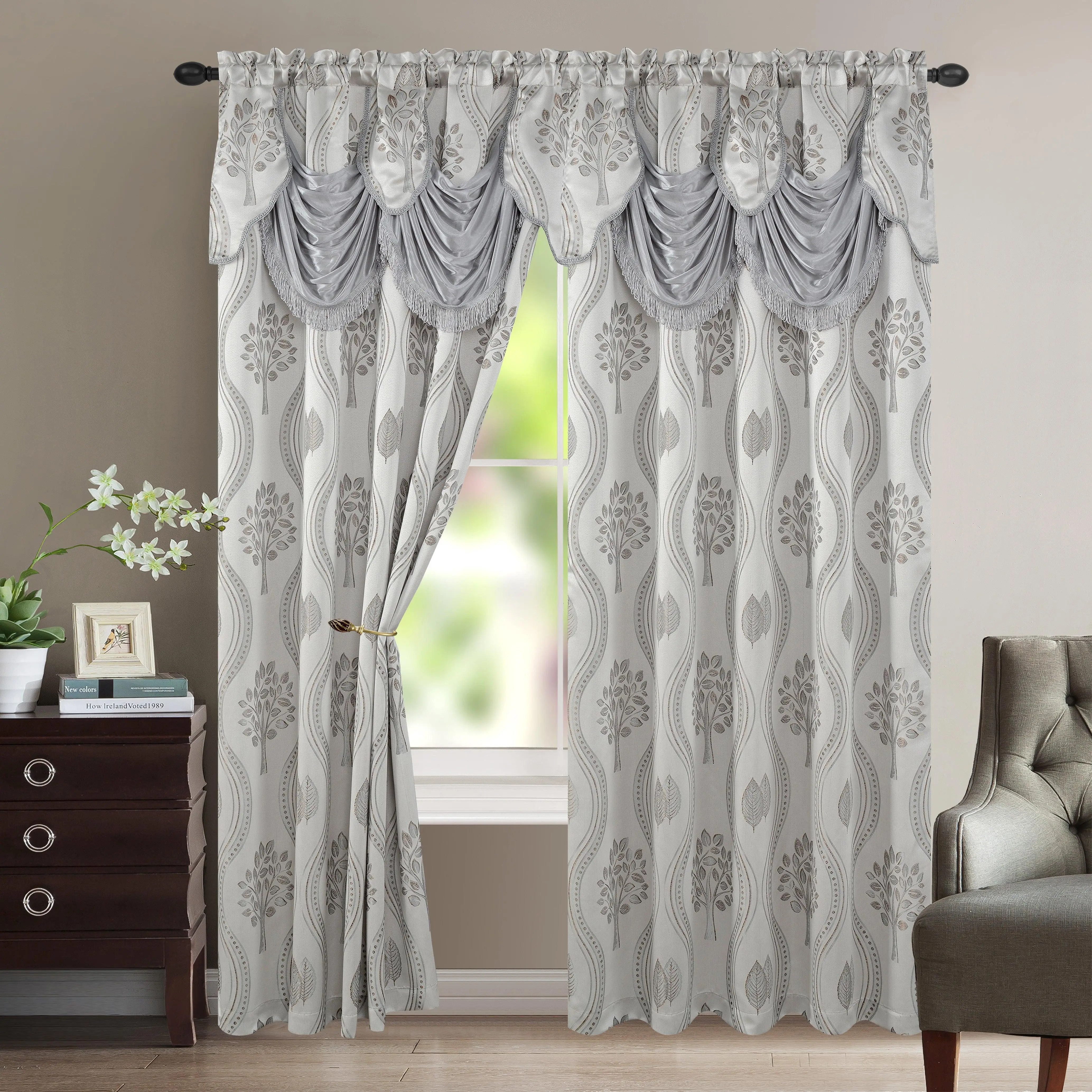 Elegant Comfort Set of 2 Aurora Curtain Panels- Attached Valance - Rod Pocket- 54" W x 84" L