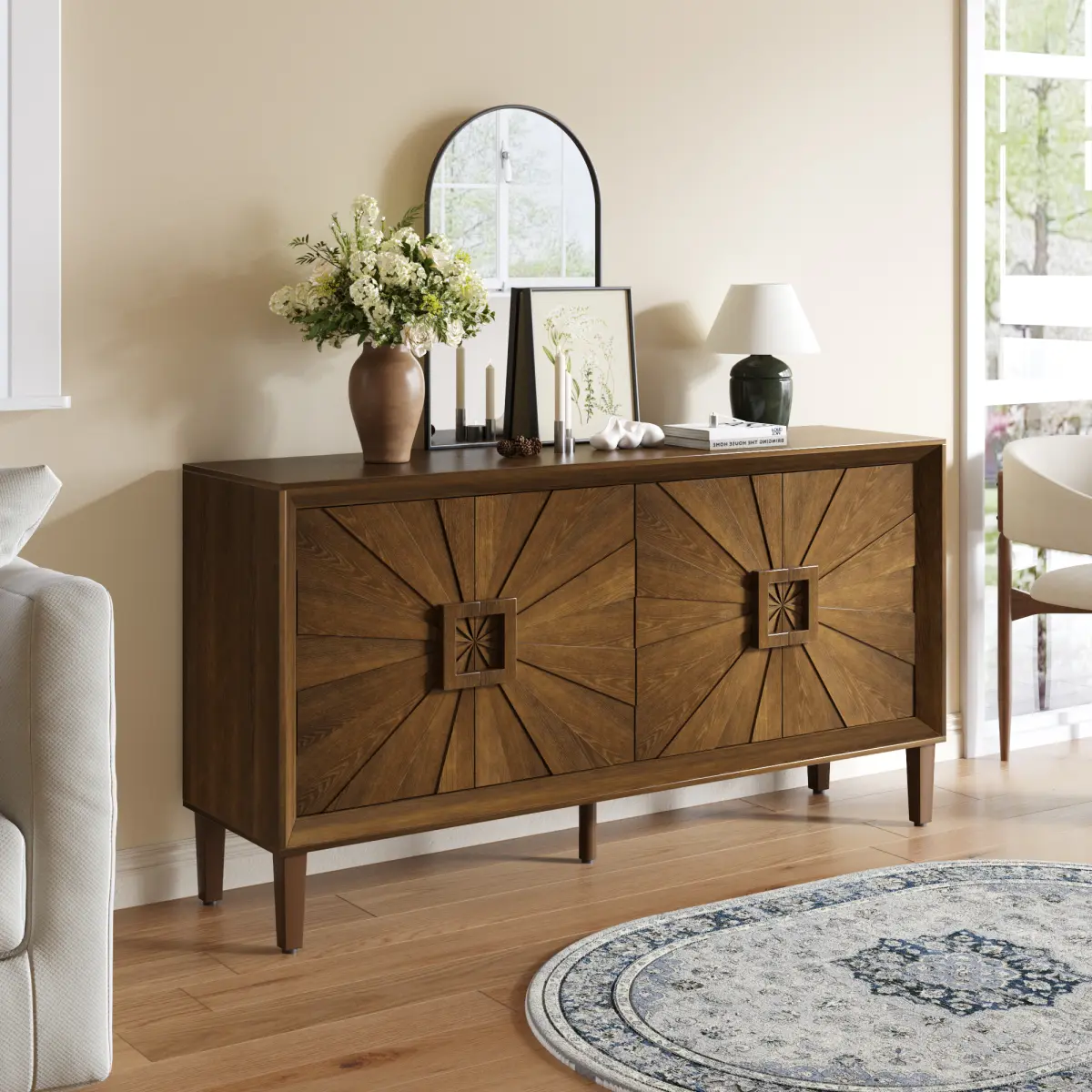 Antique Wood Rustic Farmhouse Credenza - 60"l x 32"h x 15.8"w, Sturdy Freestanding Wood Storage Cabinet, Versatile Symmetrical Sunburst Door, Adjustable Shelves, Raised Legs, 75.02 lbs, for Living Room & Kitchen