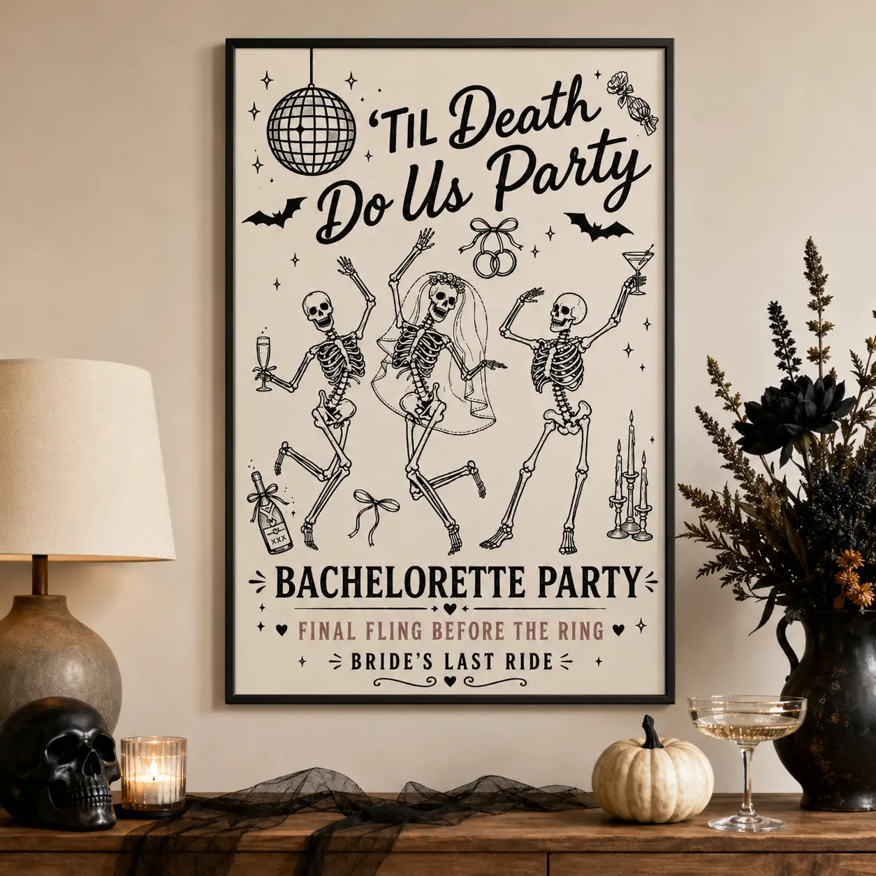 Til Death Do Us Party Bachelorette Poster, Skeleton Bride Gothic Bach Party Sign, Halloween Bridal Shower Decor, Final Fling Before the Ring Wall Art, Unframed Spooky Wedding Print