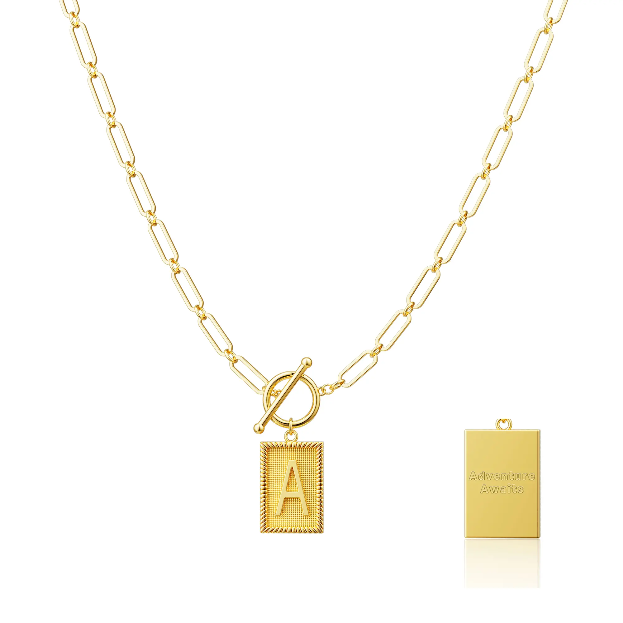 Tewiky Greenish Spring Jewelry Initial Necklaces for Women, Toggle Clasp Square Letter Pendant Necklace Trendy Dainty Paperclip Chain Necklaces  Jewelry Gifts, Gift