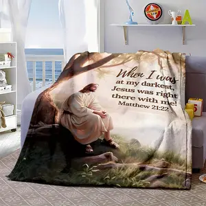 Cozy Jesus is with Me Bible Verse Flannel Blanket, Soft Inspirational Throw for Sofa Bed Camping Travel, All-Season Comfort, 280GSM