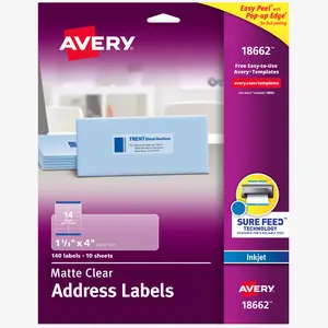 Avery Printable Address Labels, Sure Feed, 1-1/3" x 4", Matte Clear, Permanent Adhesive, Inkjet Printable, 140 Blank Mailing Labels (18662)