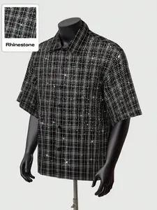 Checkered Plaid Rhinestone Ink Design Short Sleeve Shirt, American Vintage Style Loose Top, Fashionable Casual Wear