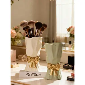 Bow-knot Ceramic Makeup Brush Holder, Aesthetic Vanity Organizer for Brushes, Pens, and Small Accessories