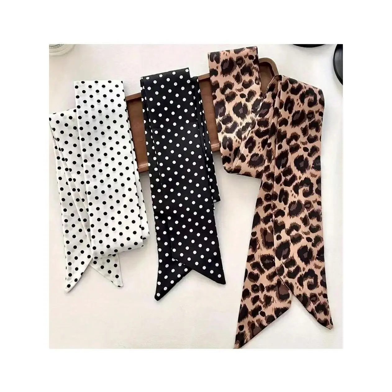 3PCS Women's Twilly Silk Scarf Set | Leopard Print & Polka Dot Skinny Hair Scarf, Neck Scarf, Bag Handle Wrap, Purse Ribbon, Headband, Fashion Belt, Vintage Y2K Quiet Luxury Accessories