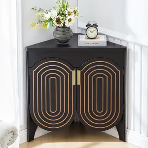 Giratree Small Corner Storage Cabinet, Mid Century Modern Floor Corner Cabinet with Curved Doors and Adjustable Shelves，Freestanding Narrow Corner Cabinet Organizer for Bathroom, Living Room