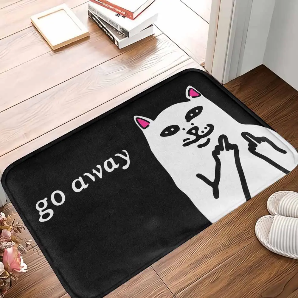 Humorous Cat Doormat - Sarcastic "Go Away" Print, 100% Polyester Soft Fabric, Moisture Absorbent, Anti-Slip Rubber Tech Base, Durable Floor Mat for Entryways/Baths, Front Porch Decor, Housewarming Gift, Anti-Slip Back