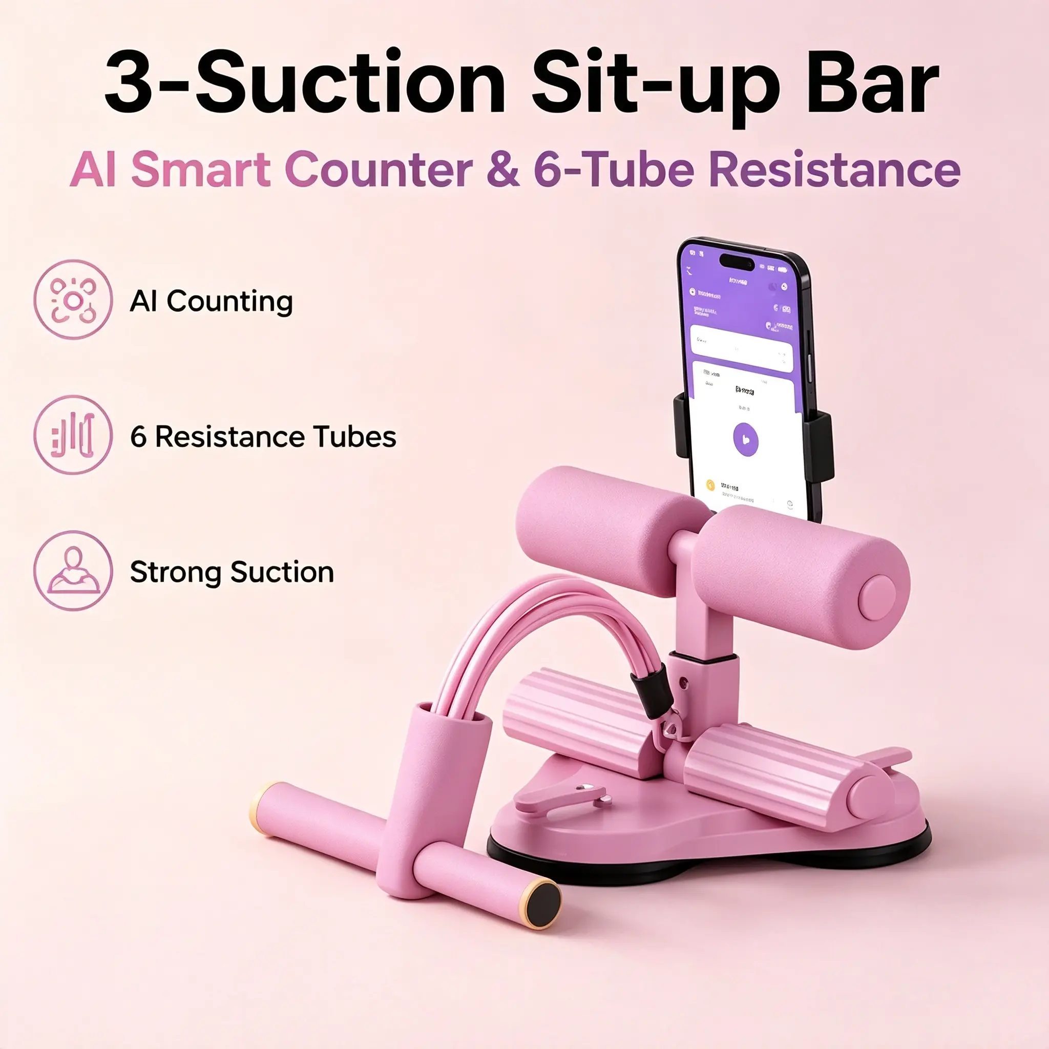 Multi-Function Suction Cup Sit-Up Trainer - 3 Suction Cups, Strong Base, 6 Detachable Heavy-Duty Resistance Bands, Adjustable Footrest, Phone Mount, Portable Indoor Home Fitness Gear for Full-Body Training Anti-Slip Waist Twister Ab Machine