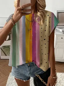 Summer Round Neck Short Sleeve Knit Top Blouse, Loose Fit Geometric Print, Casual Elegant Commuter, Bikini Cover-Up, Women's Fashion, Womenswear