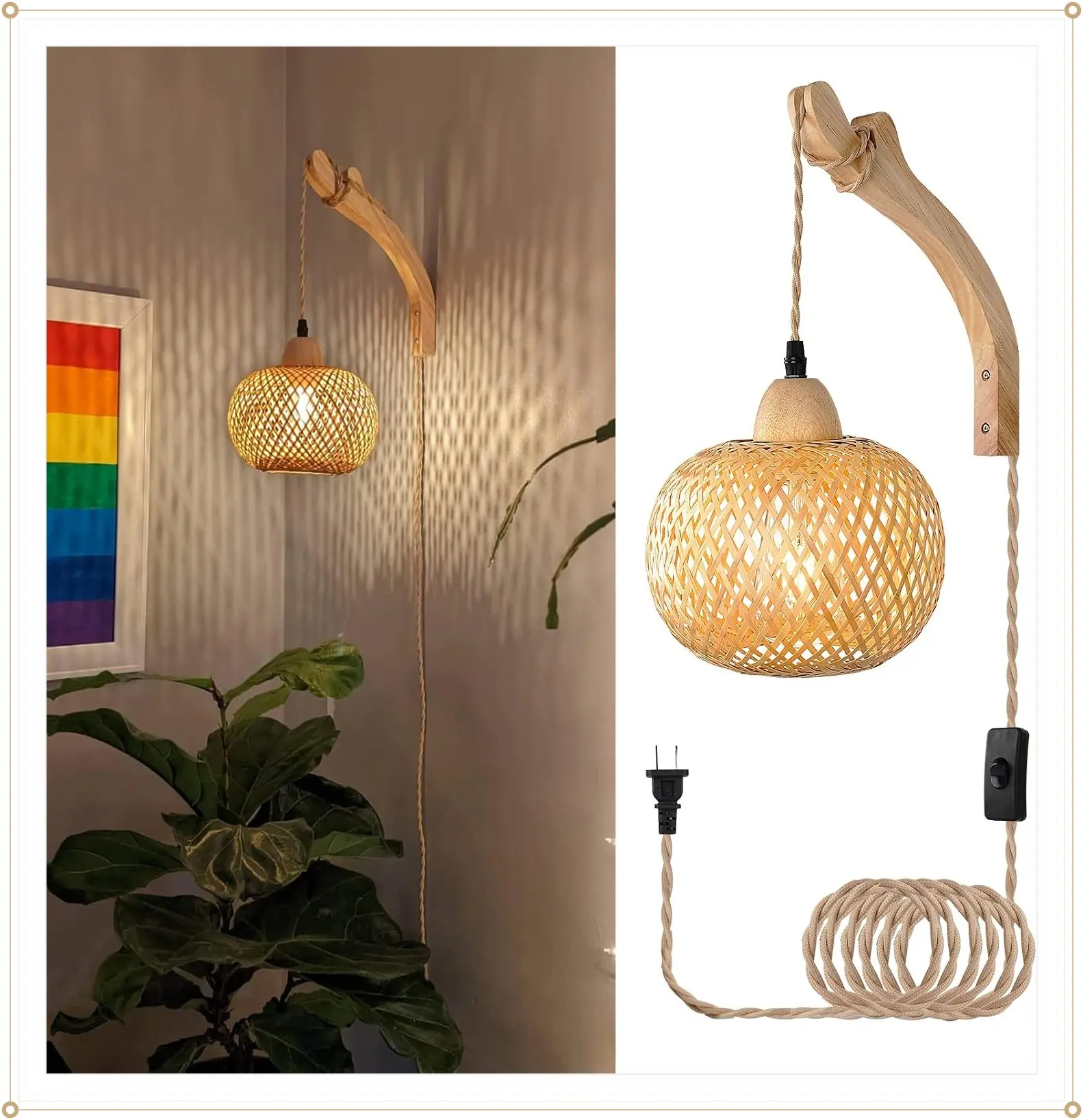 Frideko Bamboo Lantern Plug in Wall Sconces Wicker Wall Lamp with Plug in Cord Hand Woven Rattan Wall Light Farmhouse Rustic Wall Sconces Boho Sconces Wall Lighting for Living Room BedroomGift