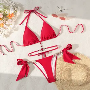 Women's Halter Tie Back Triangle Bra & Ring Linked Panty Bikini Set, Sexy Trendy Summer Swimsuit Set, Ladies Swimwear Rave Outfits, Beach Bikini Set, Solid Color Triangle Bikini Swimsuit Set,Women's Triangle Bikini with Back Tie