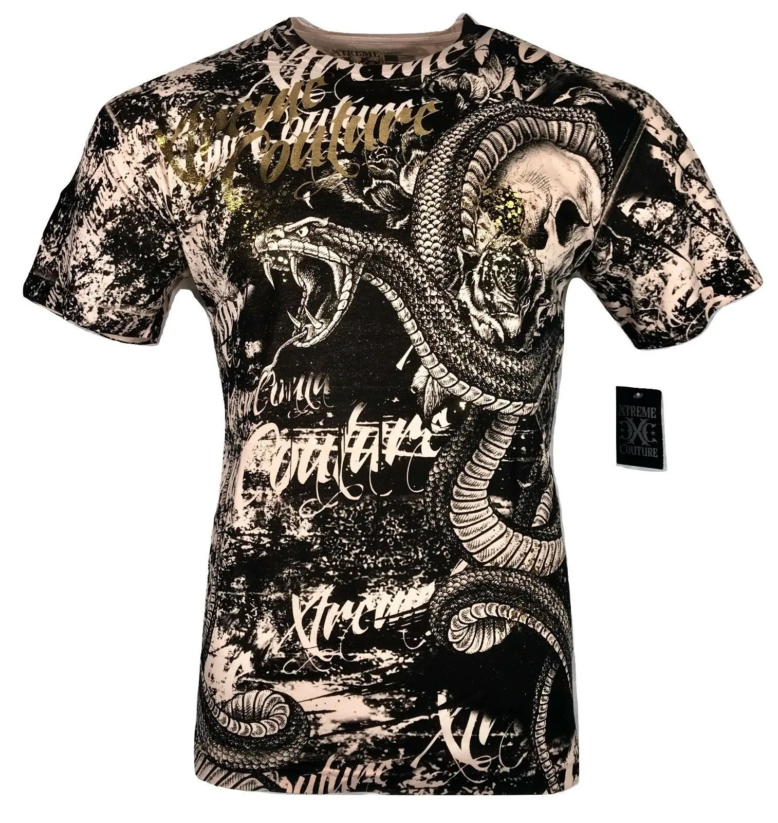 Xtreme Couture by Affliction Men's Blacktooth Skull Graphic Tops | Fitted Cut Crew Neck in 100% Cotton with Gold Foil - Biker MMA Street Style