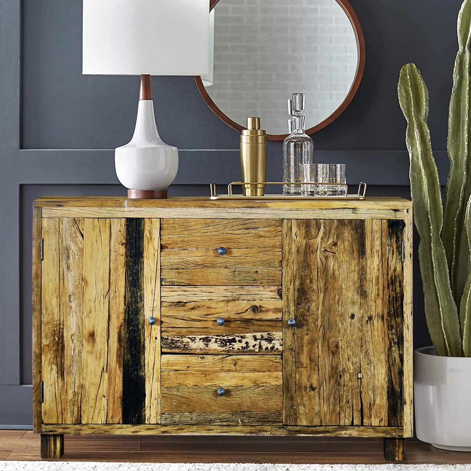 Ranch Style Rustic Aged Rail Road Ties Repurposed Teak Wood Sideboard Cabinet