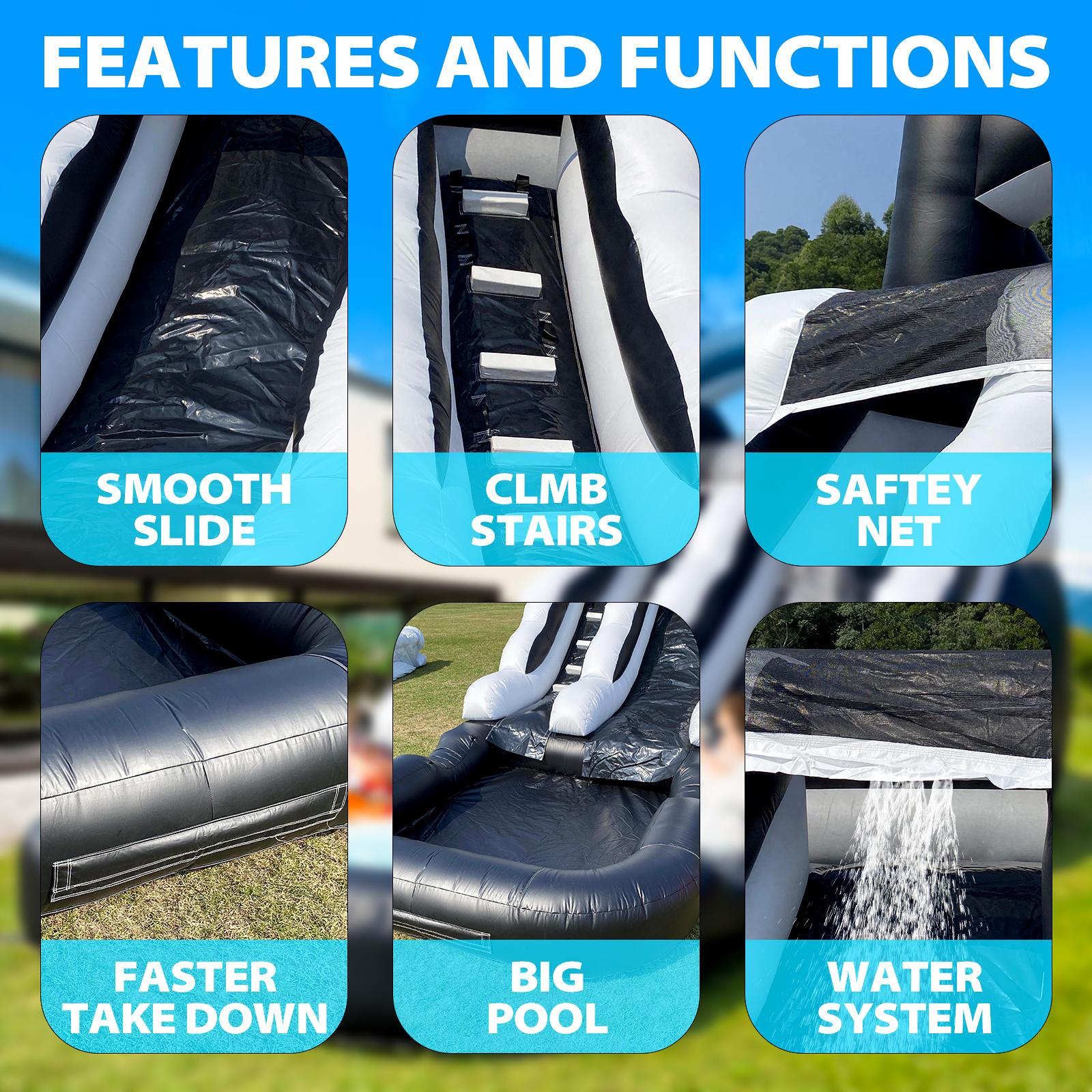 Commercial-Grade Large Water Slide,  Inflatable Water Slide for Kids&Adults Commercial Water Slide and Splash Pool, Giant Commercial-Grade Inflatable Water Slide, Swimming Pool, Large Waterslide, Wet/Dry Use, Summer Fun, Black