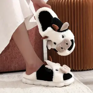 1 Pair Women's Best-selling Cartoon Pattern Fluffy Novelty Cow Slippers, Lovely Soft Plush Fuzzy Round Toe Warm House Slides for Fall & Winter, Cute Casual Cozy Bedroom Slippers for Outdoor Indoor