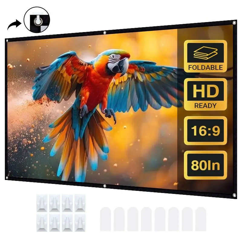 Qawtor 80-Inch Foldable Projector Screen, 16:9 Wrinkle-Free 4K HD Movie Screen with 160° Wide Viewing Angle, Portable Indoor & Outdoor Home Theater Screen with Hooks Durable homeessentials