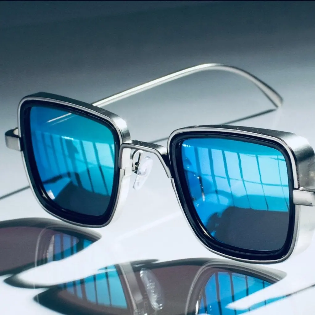 Ocean Blue Mirror Retro Square Sunglasses for Men - Blue Lens, Classic, Metal-Tone, Box-Shaped, Geometric-Shaped Eyewear, Blue Lens Sunglasses, Classic Men's Sunglasses