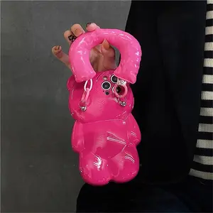 POA Selections Luxury Bear Phone Case – Iridescent Matte & Glass Styles with Wristband for iPhone Shockproof Soft Leather Cover Camera Protection Easy to Clean