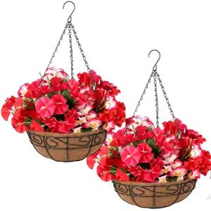 2pcs Artificial Hanging Flower Plants with Basket for Outdoor Decoration, Artificial Hanging Baskets, Faux Petunias Flowers Fake Morning Glory Plants for Hanging Outside Patio Garden Porch Balcony Yard Spring Decor, Garden Accessories