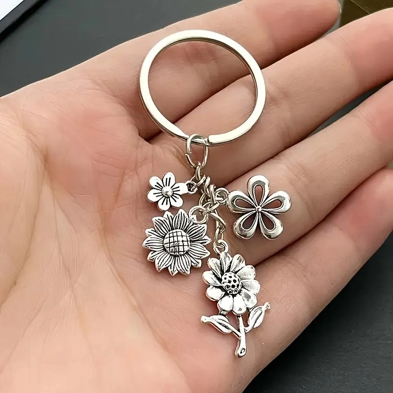 Retro Sunflower And Her Flowers Keychain 5Link Chain Keyring