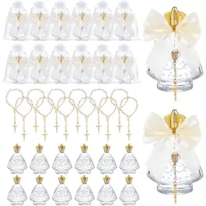 12 Sets Holy Bottle Baptism Favors with Cross Pendant Beads Empty Glass Crown Holy Container Water Bottle for Guests Baptism Gifts First Holy Communion Church Wedding Baptism Favors