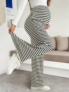 Maternity Striped Wide-Leg Knit Pants, Comfortable High Elasticity Long Maternity Trousers, Suitable For Pregnant Women