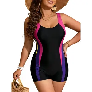 Plus Size One-Piece Swimsuit, Round Neck Striped Print Belly Concealing Slimming Swimwear, Spa Vacation Swimming Suit, High Waisted Swimsuit, Sleeveless Swimsuits, Tummy Control Swimsuit