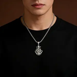 Unisex hip hop style titanium steel nautical anchor and rudder pendant necklace suitable for everyday wear and as a gift