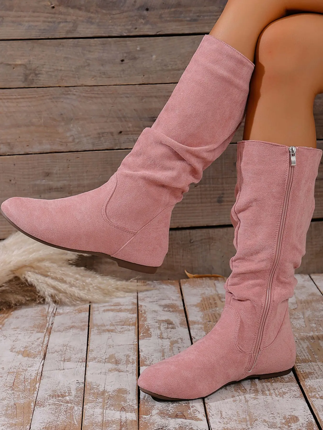 Women's New Pleated Design Warm Outdoor Solid Color Stretch Suede Boots, Mid-Leg Retro Cowboy Boots, Combat Boots, Cowgirl Boots, Western Rodeo Boots, suitable for comfortable casual all-day wear, best gift
