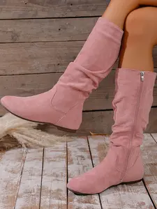 Women's New Pleated Design Warm Outdoor Solid Color Stretch Suede Boots, Mid-Leg Retro Cowboy Boots, Combat Boots, Cowgirl Boots, Western Rodeo Boots, suitable for comfortable casual all-day wear, best gift