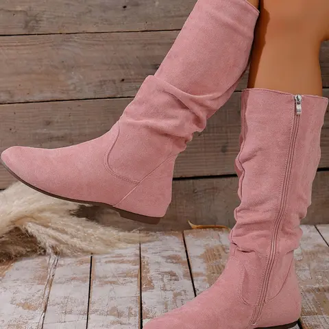 Women's New Pleated Design Fashionable Warm Outdoor Solid Color Stretch Suede Fashion Boots, Trendy Mid-Leg Retro Cowboy Boots Combat Boots Motorcycle Boots, suitable for fashionable, comfortable and casual all-day wear of women's boots, best gift