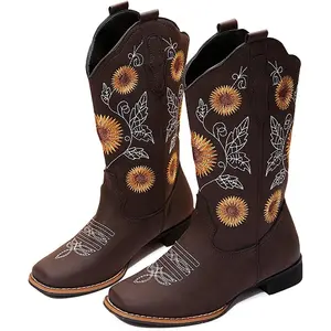Cowboy Boots for Women Mid Calf Cowgirl Western Boots Sunflower Embroidery Stitched Square Toe Low Heel Black Brown Yellow US6-10.5