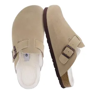 CUSHIONAIRE Women's Hana Cork footbed clog with Genuine Leather upper, Faux Fur lining, and +Comfort Taupe 8