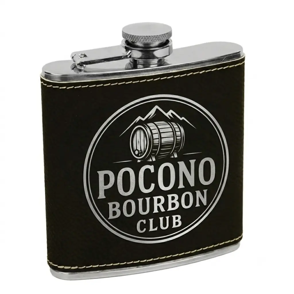 Laser Engraved 6 oz. Black/Silver Leatherette Stainless Steel Flask - Pocono Bourbon Club