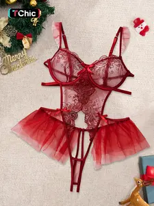Christmas Sexy Transparent Hot Temptation Women's Bodysuit, Sheer Bow Design, Adjustable Strap, Thin Fabric, Fitted All Seasons Wear, Strappy Lingerie
